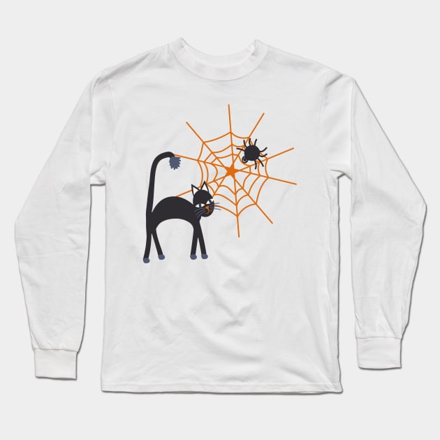 Spookily cute cats, spiders and cobwebs for Halloween in bold orange and darkest charcoal Long Sleeve T-Shirt by FrancesPoff